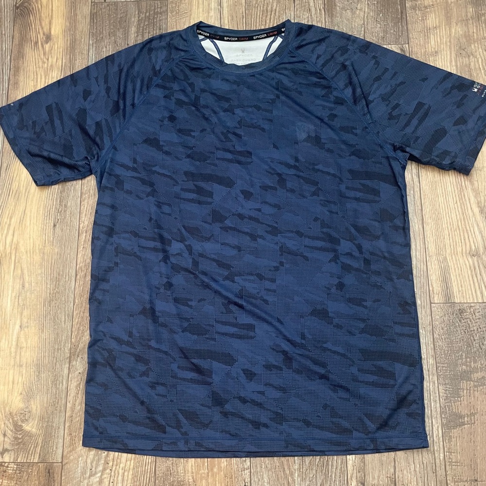 Spyder Swim Rash Guard Men's s/s Blue Camo Surf Sand Sun UPF 30